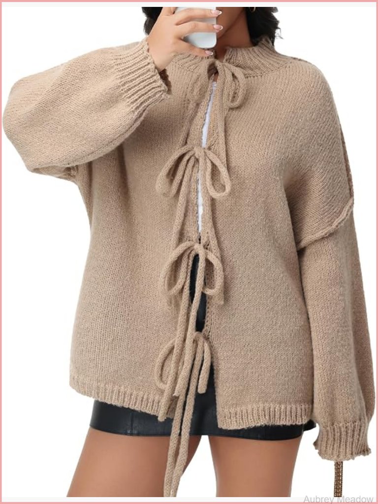 Women Chunky Knit Tie Front Bow Cardigan Long Puff Sleeve Lace Up Crew Neck